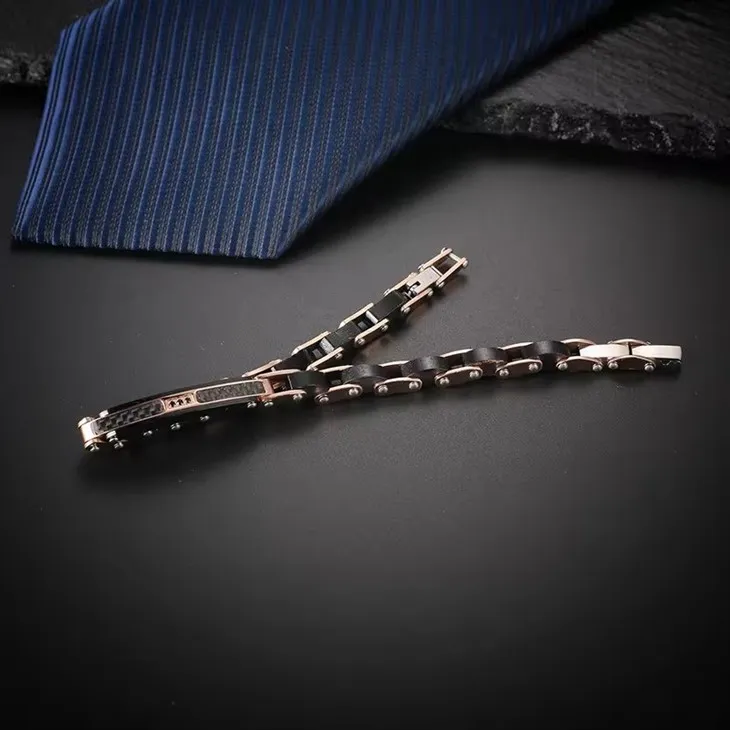 18K Rose Gold Wood Bead Charms Bracelets Wirh Carbon Fiber And Zircon
