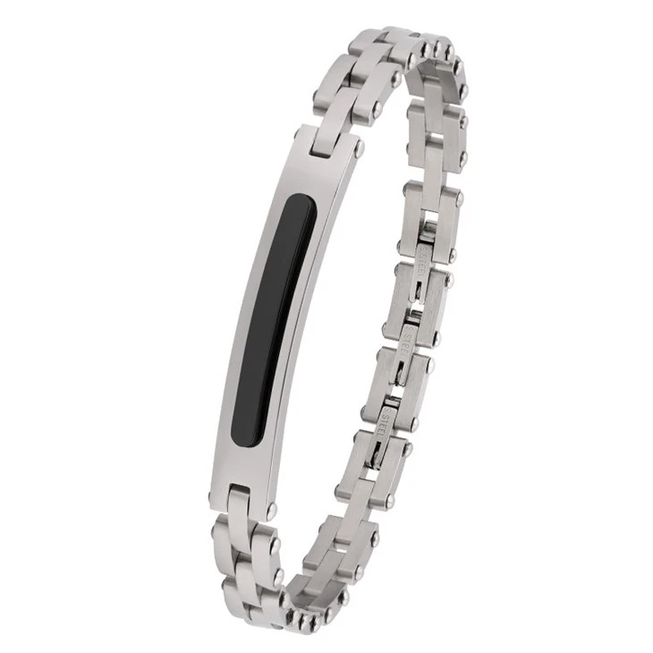 Sleek Blue Inlay Plate Link Stainless Steel Bracelet factory